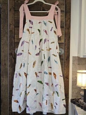 QUEEN OF SPARKLES White Midi Dress with Pink Tie Straps and Multicolor Sequins